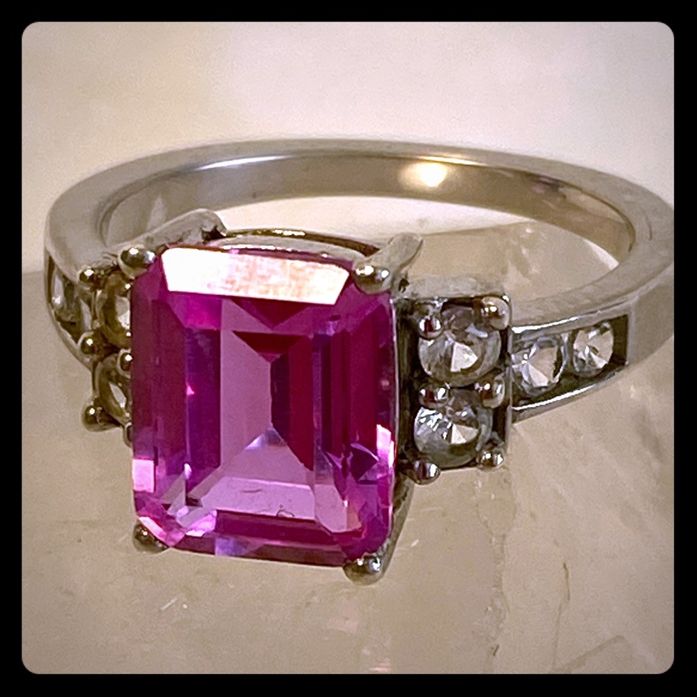 Pink / White Sapphire Sterling Silver Ring. Size 7